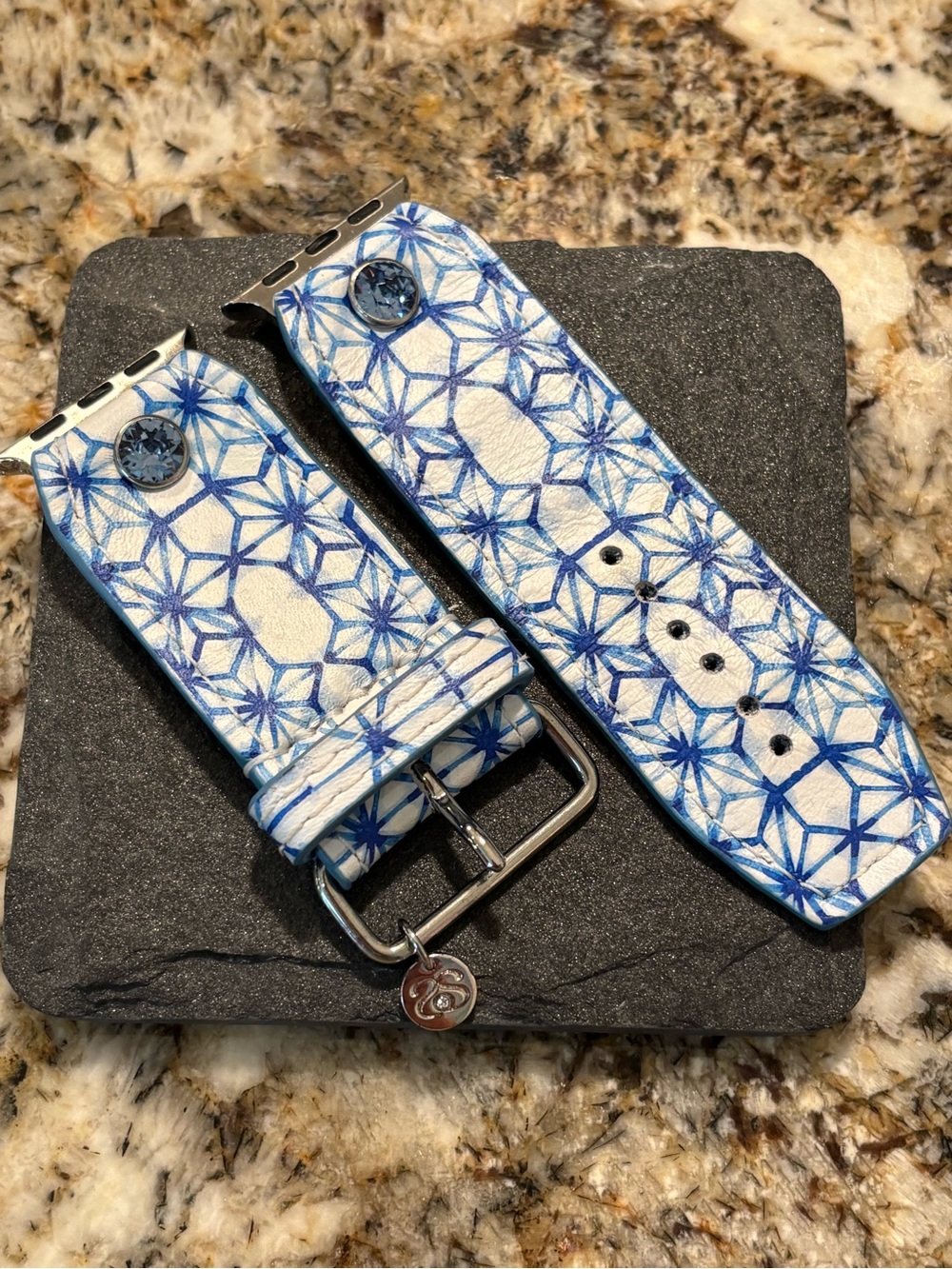Blue Patterned Leather Watch Band